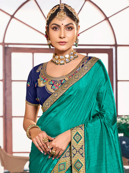 Women's Vichitra Silk Blue Embellished Celebrity Saree With Blouse Piece
