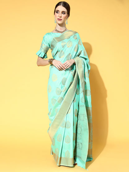 Women's Silk Blend Sea Green Woven Design Celebrity Saree With Blouse Piece