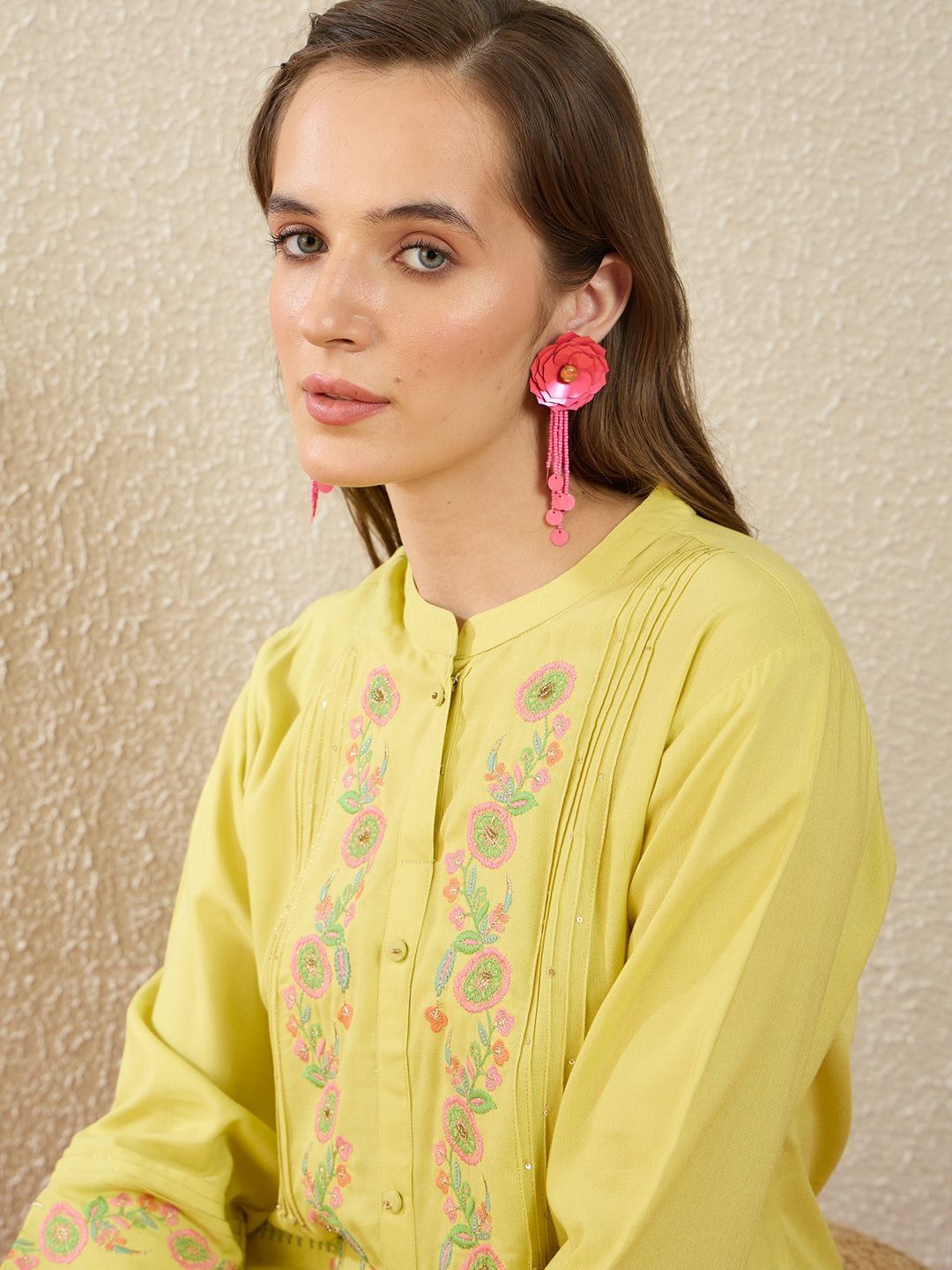 Dhiyona IE Embroidered Mandarin Collar Top With Trouser