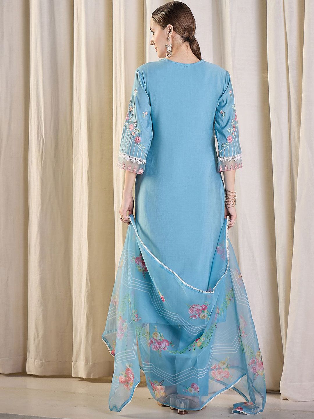 Floral Embroidered Thread Work Kurta With Trousers & Dupatta