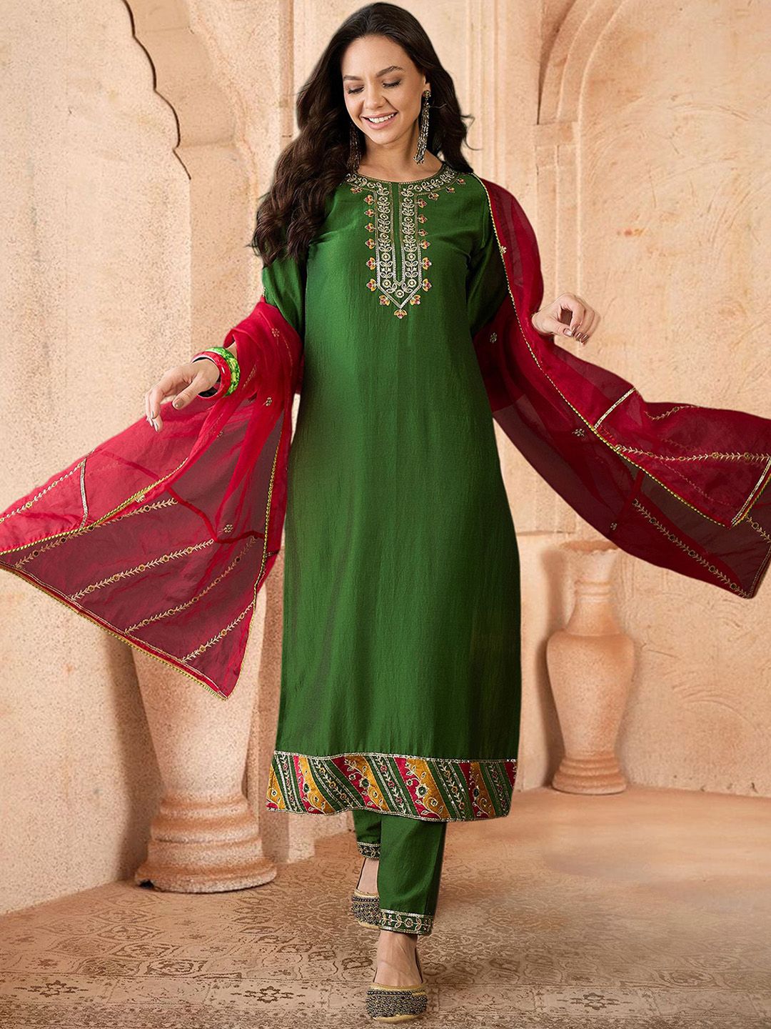 Dhiyona SN Women's Floral Embroidered Zari & Sequinned Work Straight Kurta With Trouser & Duputta