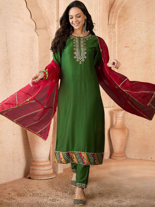 Dhiyona SN Women's Floral Embroidered Zari & Sequinned Work Straight Kurta With Trouser & Duputta