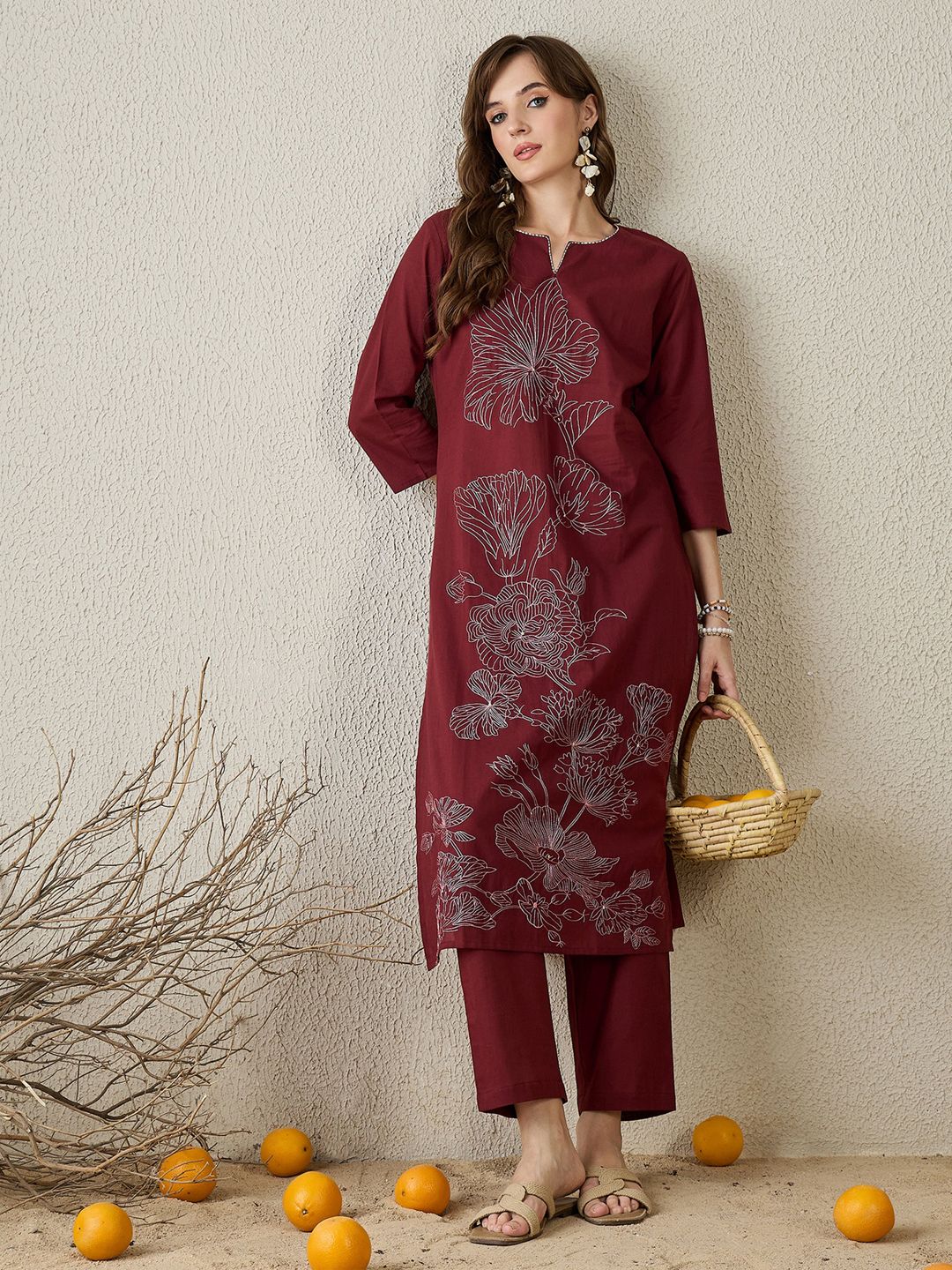 Women Floral Embroidered Thread Work Pure Cotton Kurta with Trousers