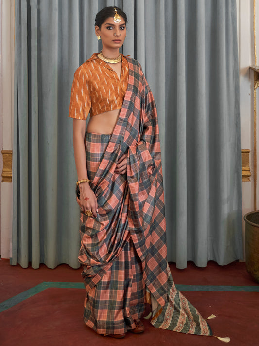 Women's Dola Silk Peach Printed Designer Saree With Blouse Piece