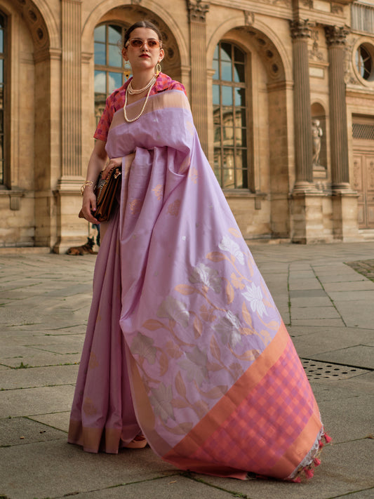 Women's Soft Silk Lavendar Woven Design Designer Saree With Blouse Piece