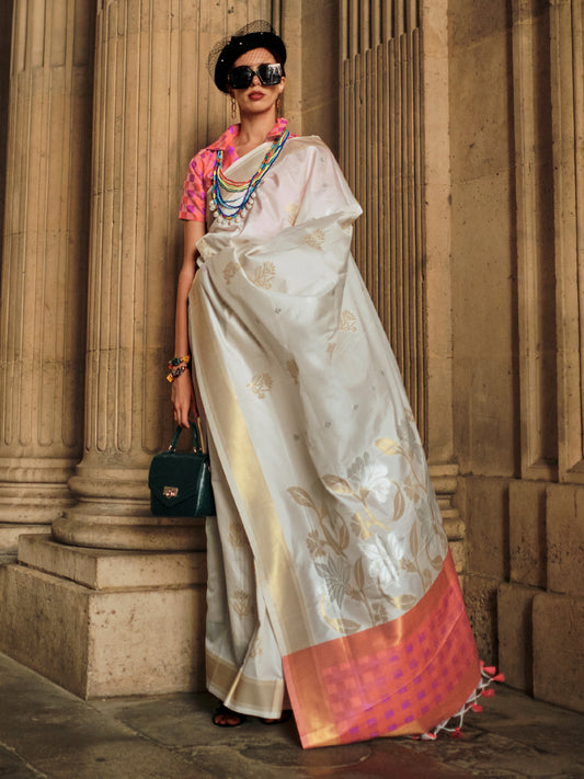 Women's Soft Silk Off White Woven Design Designer Saree With Blouse Piece