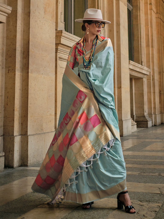 Women's Soft Silk Light Blue Woven Design Designer Saree With Blouse Piece