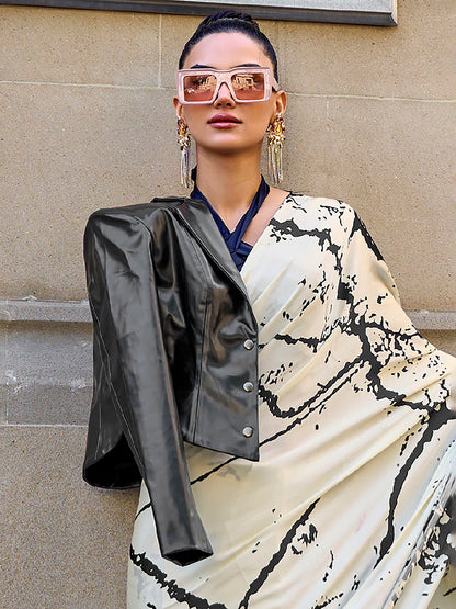 Women's Crepe Cream Digital Print Designer Saree With Blouse Piece