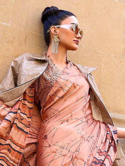 Women's Crepe Brown Digital Print Designer Saree With Blouse Piece