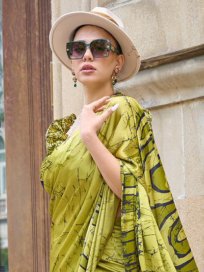 Women's Crepe Olive Digital Print Designer Saree With Blouse Piece