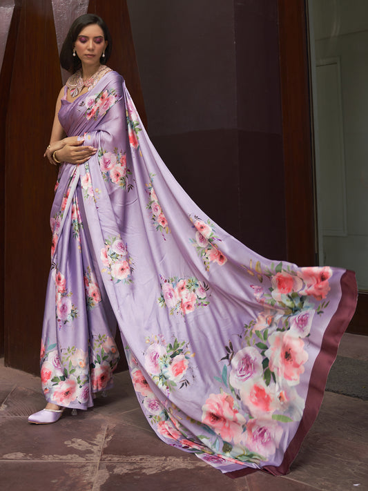 Women's Satin Silk Lavendar Digital Print Designer Saree With Blouse Piece