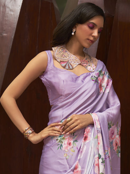 Women's Satin Silk Lavendar Digital Print Designer Saree With Blouse Piece