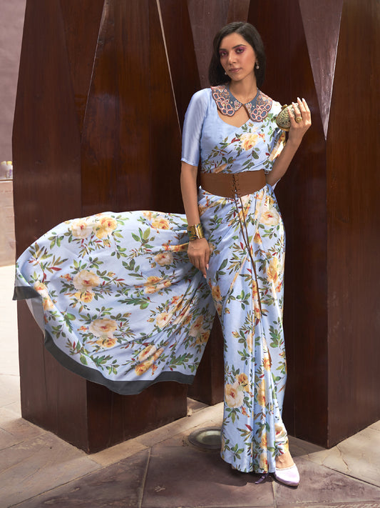 Women's Satin Silk Blue Digital Print Designer Saree With Blouse Piece