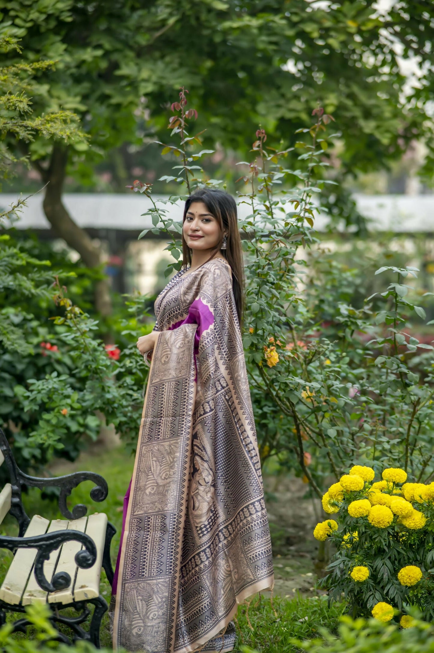 Women Yogita Madhubani 3 Wine Saree With Unstiched Blouse