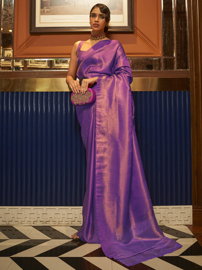 Women's Nylon Purple Woven Design Designer Saree With Blouse Piece