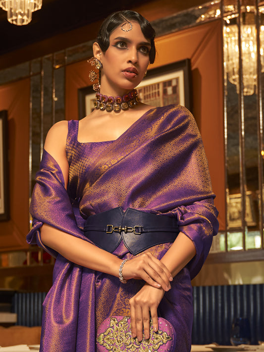 Women's Nylon Purple Woven Design Designer Saree With Blouse Piece