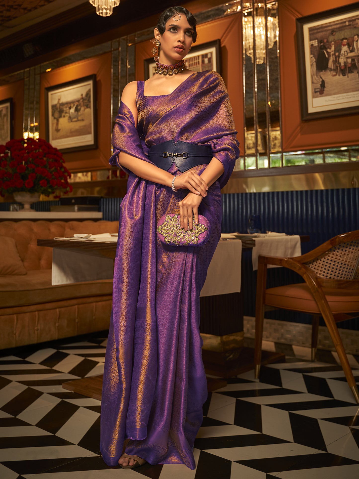 Women's Nylon Purple Woven Design Designer Saree With Blouse Piece