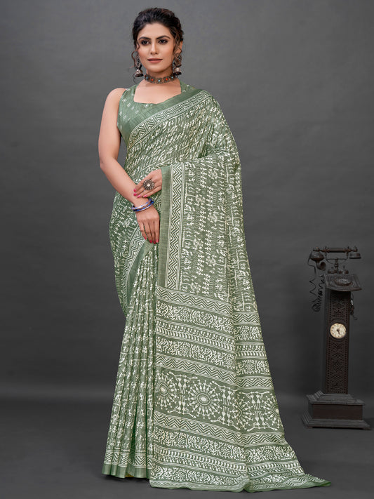 Women's Dola Silk Sea Green Printed Designer Saree With Blouse Piece