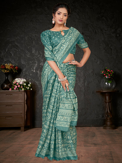 Women's Dola Silk Sea Green Printed Designer Saree With Blouse Piece