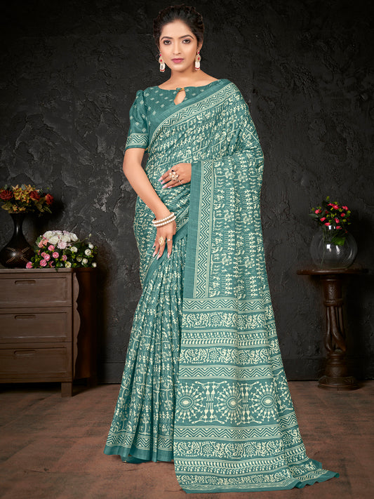 Women's Dola Silk Sea Green Printed Designer Saree With Blouse Piece