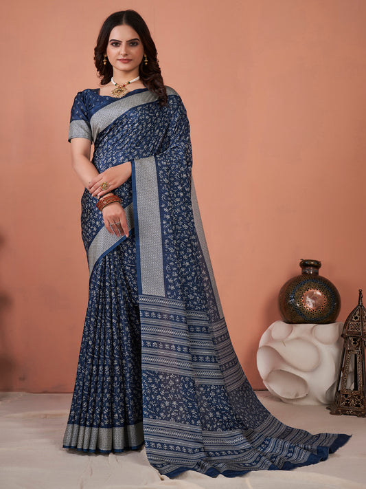 Women's Dola Silk Navy Blue Printed Designer Saree With Blouse Piece