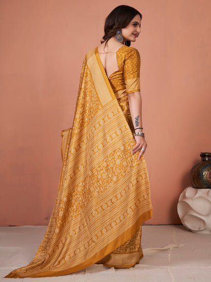 Women's Dola Silk Mustard Printed Designer Saree With Blouse Piece