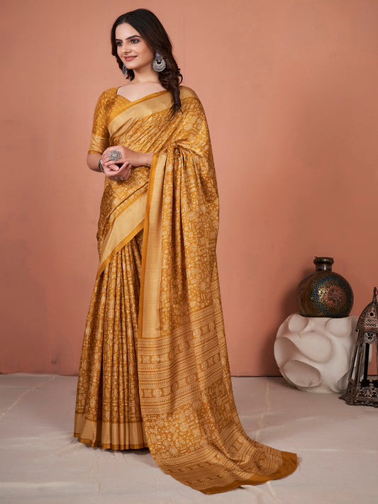 Women's Dola Silk Mustard Printed Designer Saree With Blouse Piece