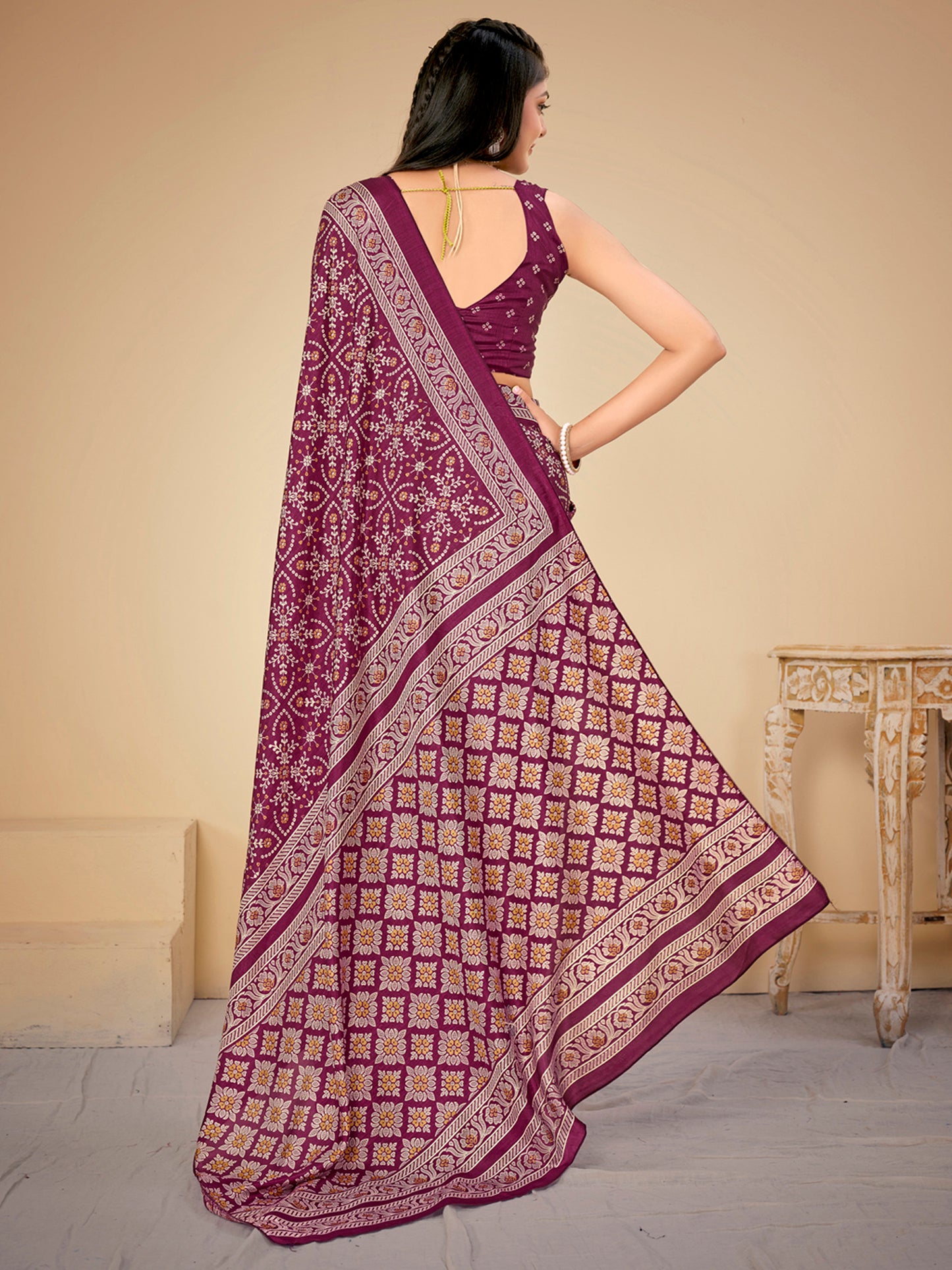 Women's Dola Silk Magenta Printed Designer Saree With Blouse Piece
