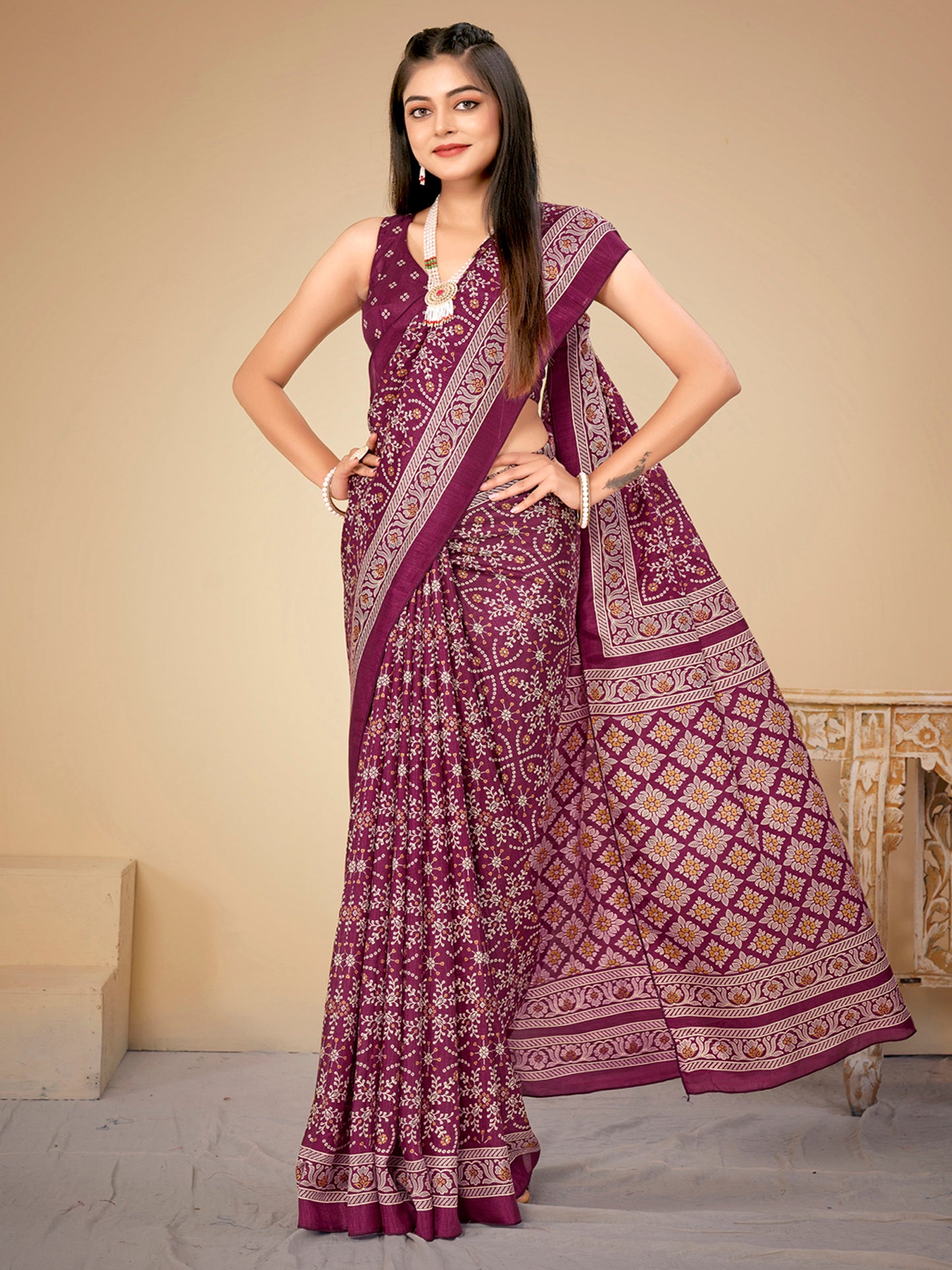 Women's Dola Silk Magenta Printed Designer Saree With Blouse Piece