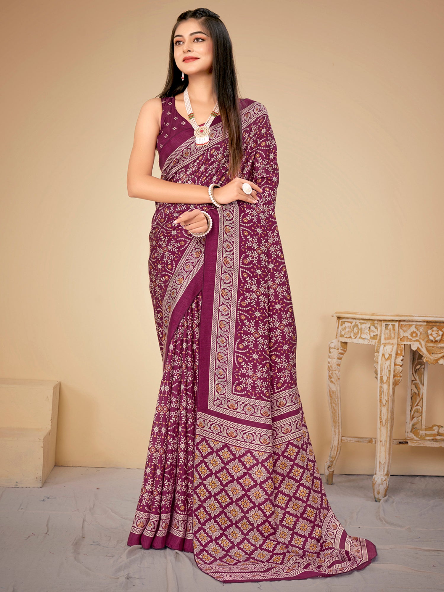 Women's Dola Silk Magenta Printed Designer Saree With Blouse Piece
