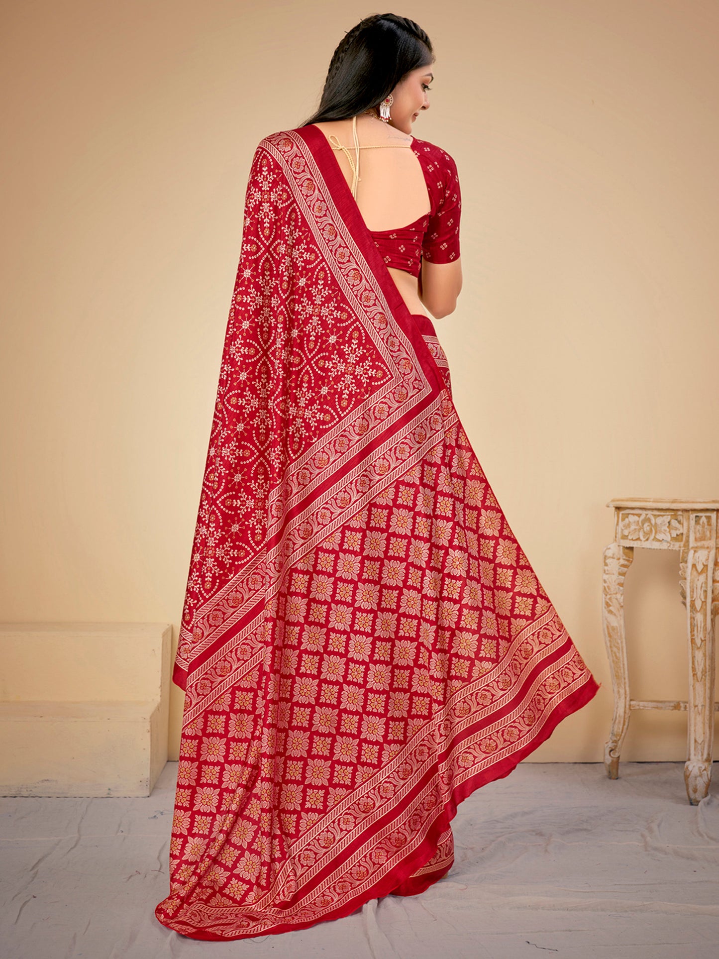 Women's Dola Silk Red Printed Designer Saree With Blouse Piece