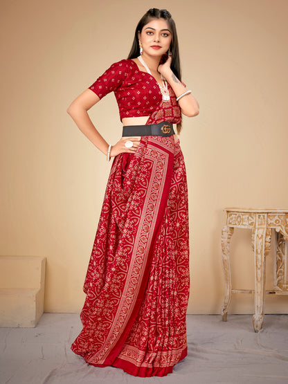 Women's Dola Silk Red Printed Designer Saree With Blouse Piece