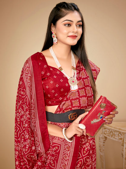 Women's Dola Silk Red Printed Designer Saree With Blouse Piece