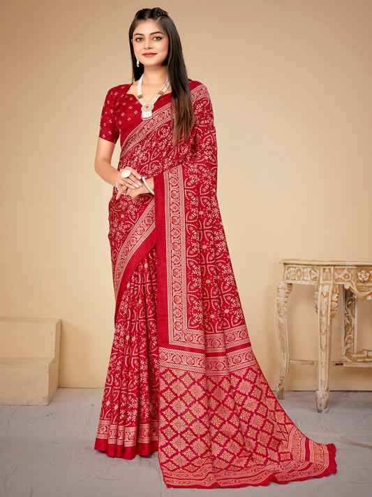 Women's Dola Silk Red Printed Designer Saree With Blouse Piece