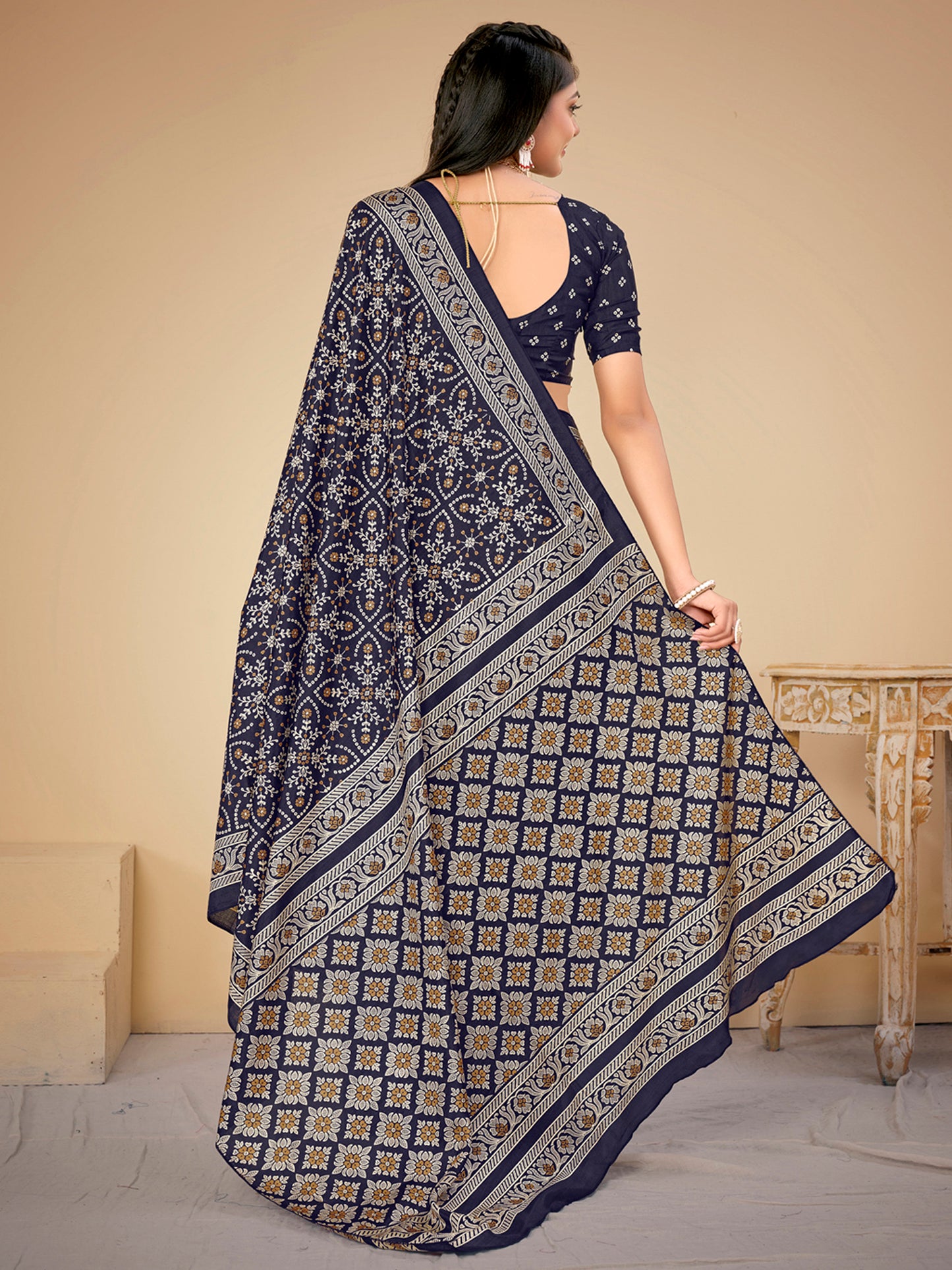 Women's Dola Silk Navy Blue Printed Designer Saree With Blouse Piece
