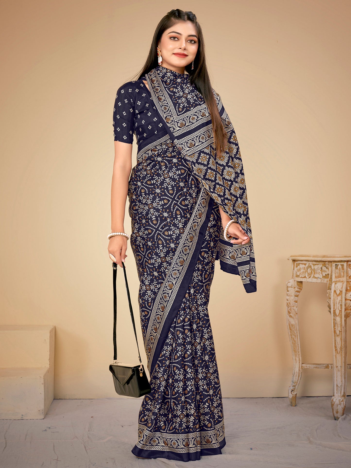 Women's Dola Silk Navy Blue Printed Designer Saree With Blouse Piece
