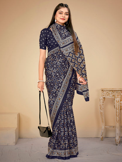 Women's Dola Silk Navy Blue Printed Designer Saree With Blouse Piece