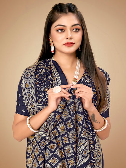 Women's Dola Silk Navy Blue Printed Designer Saree With Blouse Piece