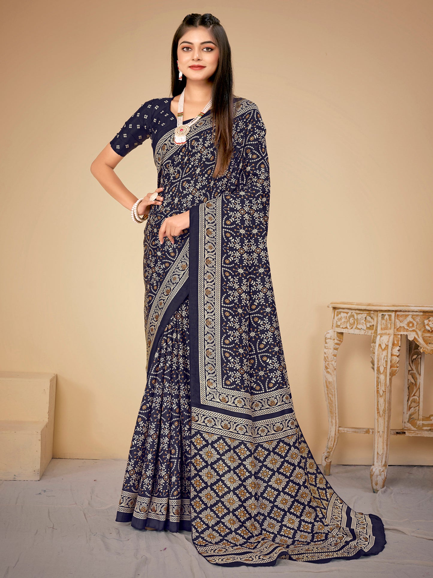 Women's Dola Silk Navy Blue Printed Designer Saree With Blouse Piece
