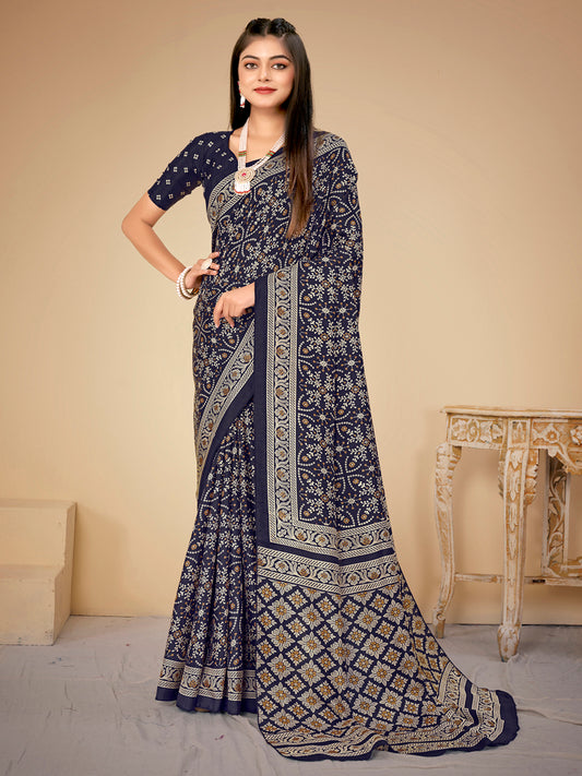 Women's Dola Silk Navy Blue Printed Designer Saree With Blouse Piece