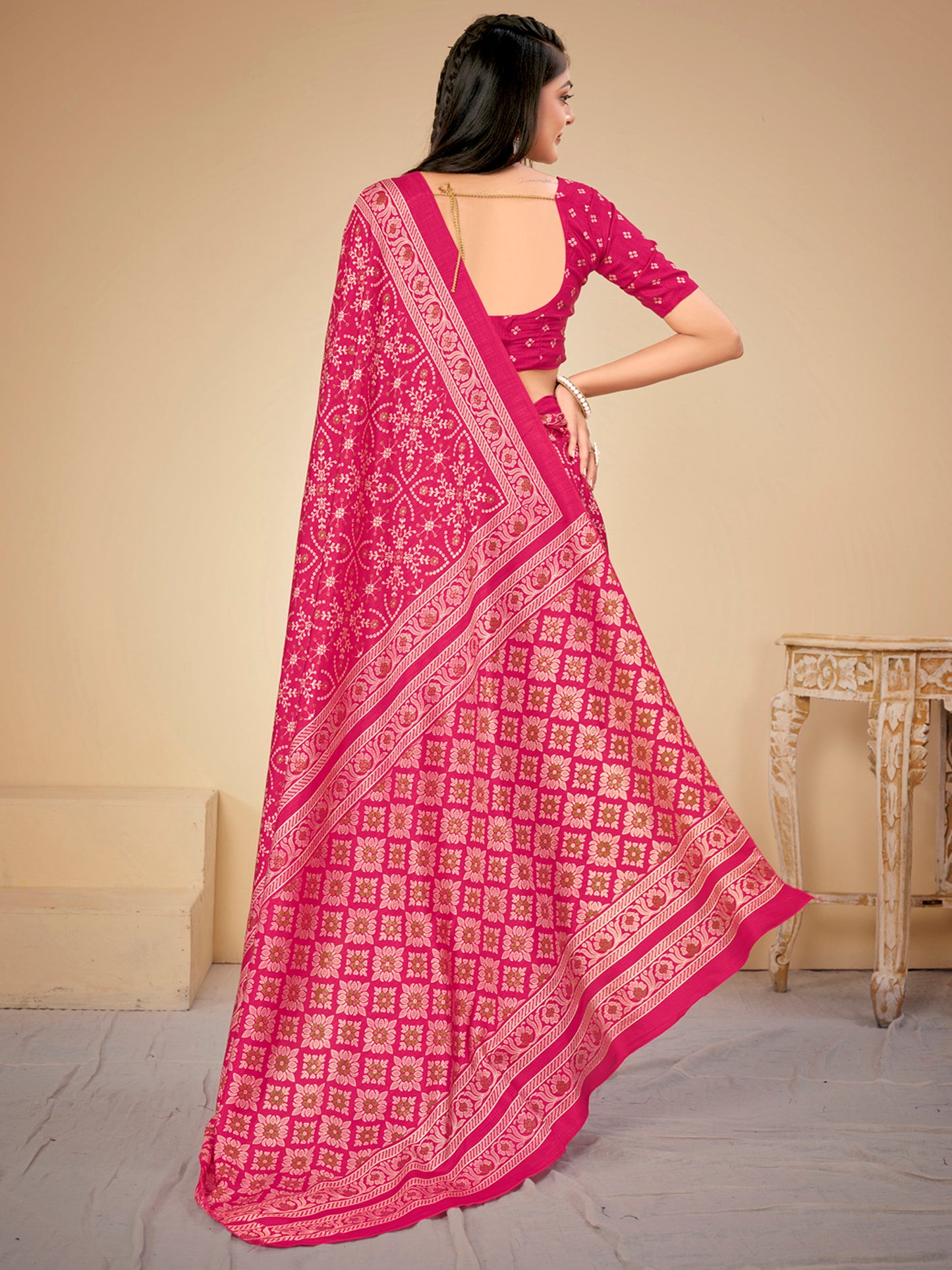 Women's Dola Silk Pink Printed Designer Saree With Blouse Piece