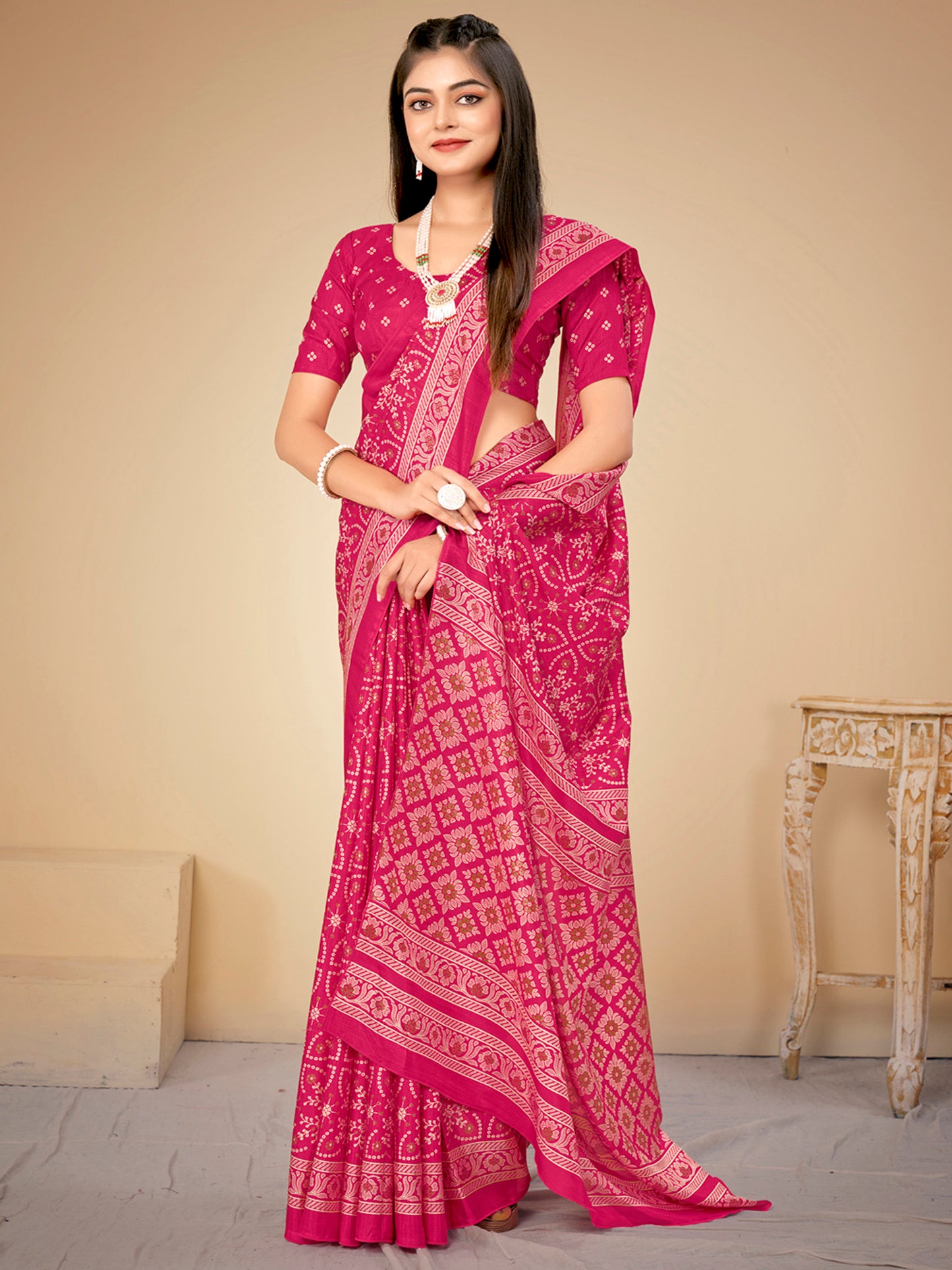 Women's Dola Silk Pink Printed Designer Saree With Blouse Piece