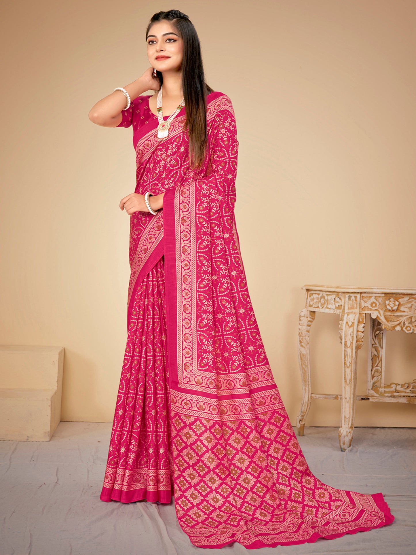 Women's Dola Silk Pink Printed Designer Saree With Blouse Piece