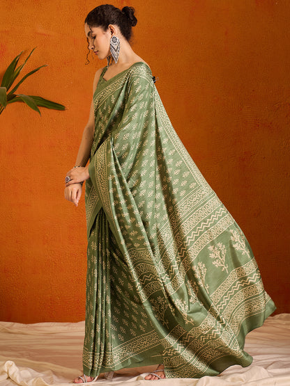 Women's Cotton Blend Olive Printed Designer Saree With Blouse Piece