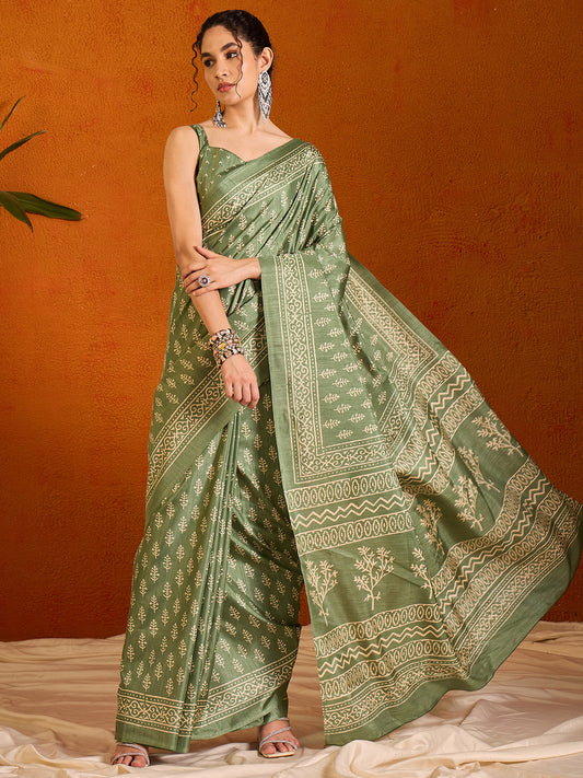Women's Cotton Blend Olive Printed Designer Saree With Blouse Piece