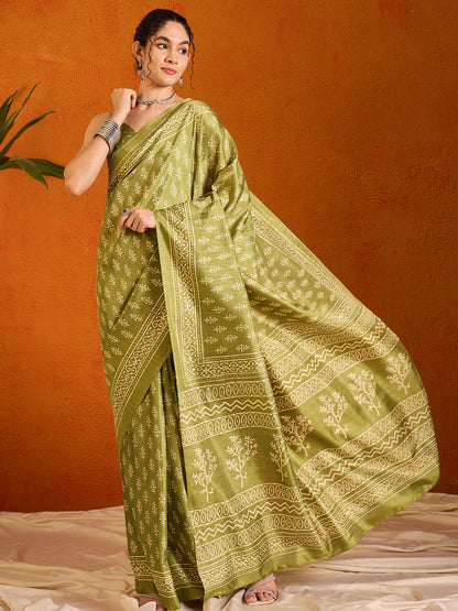 Women's Cotton Blend Light Green Printed Designer Saree With Blouse Piece