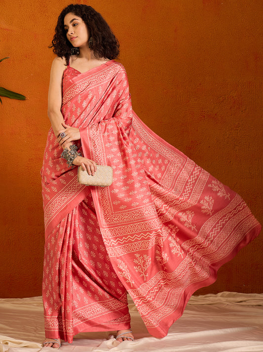 Women's Cotton Blend Pink Printed Designer Saree With Blouse Piece