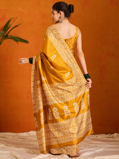 Women's Cotton Blend Yellow Printed Designer Saree With Blouse Piece