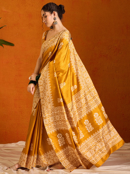Women's Cotton Blend Yellow Printed Designer Saree With Blouse Piece