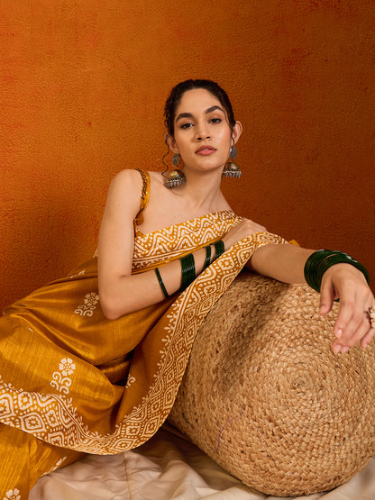 Women's Cotton Blend Yellow Printed Designer Saree With Blouse Piece